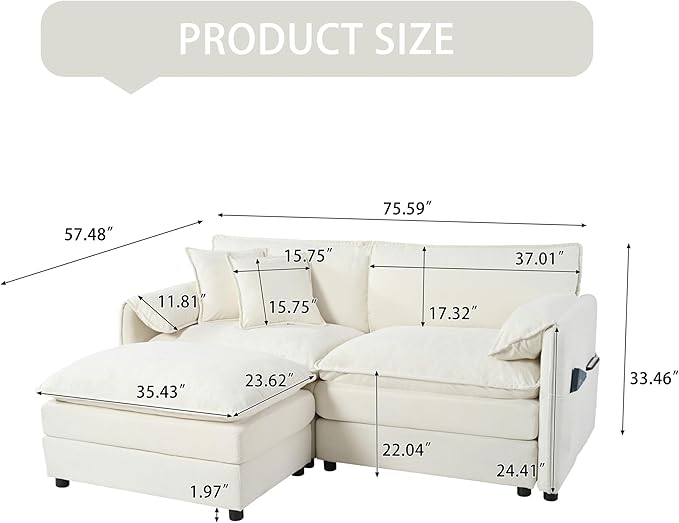 Loveseat Deep Seat Sectional Sofa Cloud Couch, Modern Chenille Comfy Upholstered Modular L Shaped Couch for Living Room, Apartment, Office (White, 75.59 Inch-L Shape)