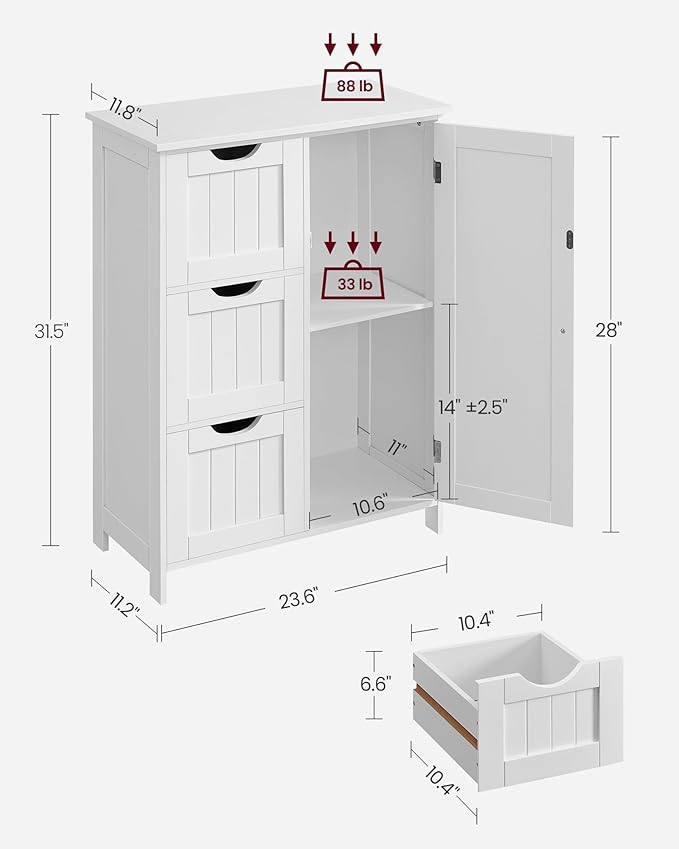 VASAGLE Floor Storage Cabinet, Freestanding Storage Unit with 3 Drawers, 1 Adjustable Shelf, for Bathroom Living Room Dining Kitchen, 11.8 x 23.6 x 31.5 Inches, White UBBC49WT