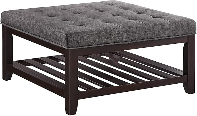 24KF Large Square Upholstered Tufted Linen Ottoman Coffee Table, Large Footrest Ottoman with Solid Wood Shelf-Dark Gray