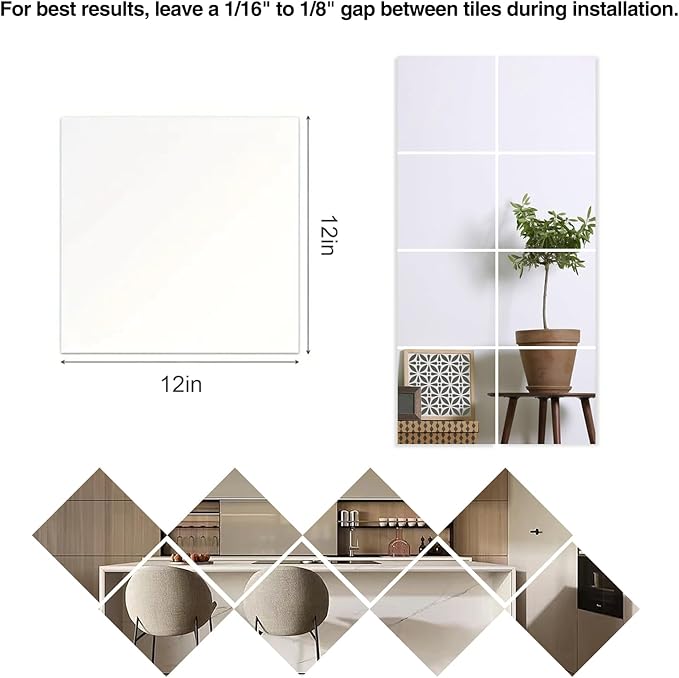 Shatterproof Acrylic Wall Mirror Tiles, 6 Pack 12x12 Inch Self-Adhesive Full Body Wall Mirrors for Bedroom, Home Gym, Bathroom & Living Room, Unbreakable Flexible Mirror Sheets