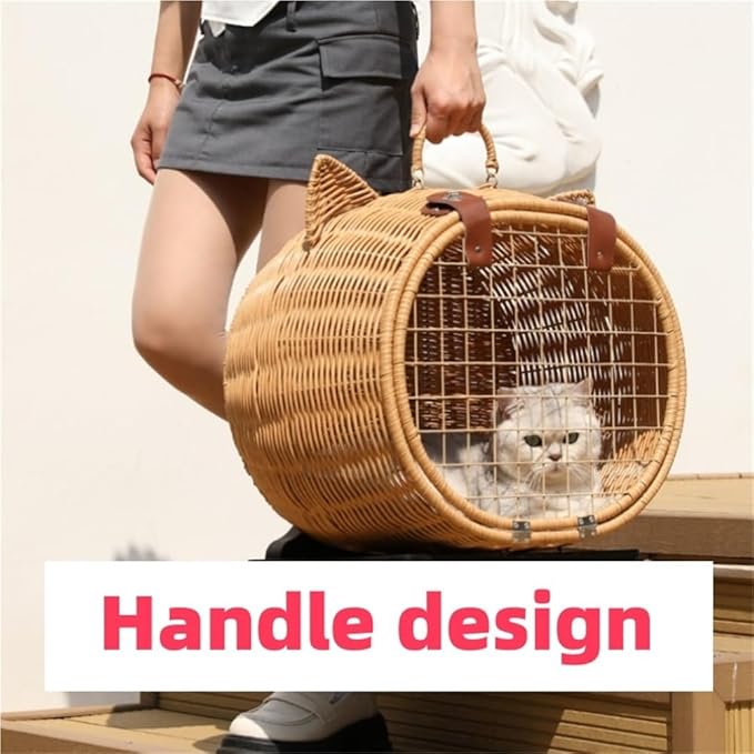 Rattan Cat Stroller with Wheels, Pet Portable Trolley Case, Breathable Cat Cage Trolley for Dog and Rabbit