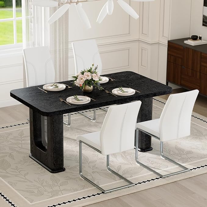 64.5" Black Dining Table Set for 4, Modern Kitchen Table and Chairs Set with PU Leather Cushioned Chairs & Decorative Pedestal Base, 5 Piece Wood Grain Dining Table Set for Dining Room or Kitchen