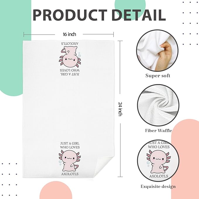 Axolotl Lover Gifts Bathroom Hand Towels, Kids Bathroom Decor, Cute Pink Axolotls Kitchen Towels, Animal Lover Gifts Dish Tea Towel, 16x24 Inch Set of 2