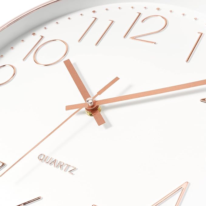 Foxtop Modern Wall Clock 12 Inch Non-Ticking Silent Battery Operated Round Quartz Rose Gold Wall Clock for Office Bedroom Living Room Kitchen Home School Decor