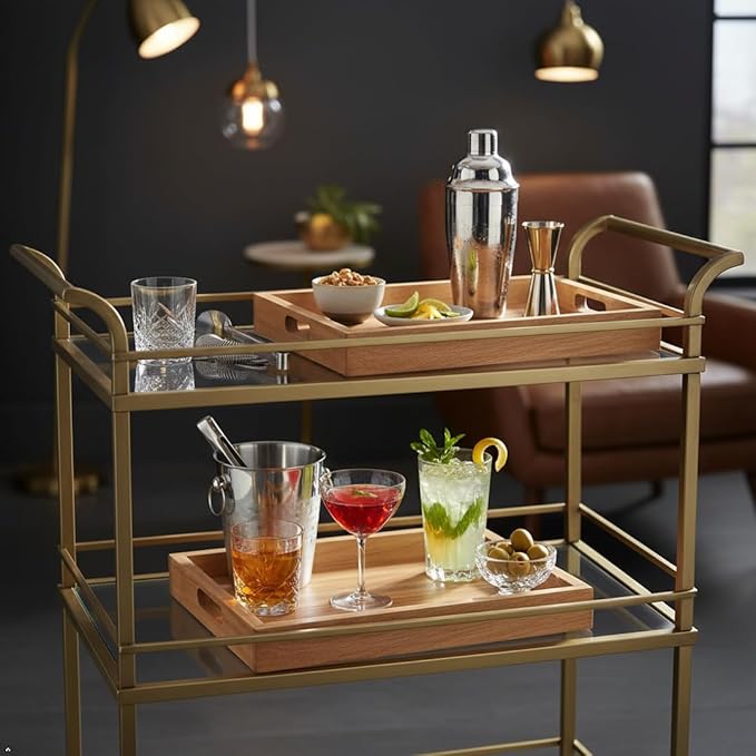 Natural Acacia Wooden Rectangular Serving Tray with Handles, Set of 2 (15"x11"), Large Tray for Ottoman, Breakfast in Bed, Dinner, Coffee Table Decor & Kitchen