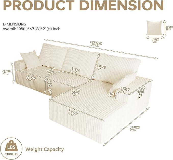 108" Sectional Couches for Living Room, Modular Sectional Sofa with L-Shape Chaise, Boneless Couch, Comfy Corduroy Fluffy Couch with Deep Seat and Side Pockets, No Assembly Required