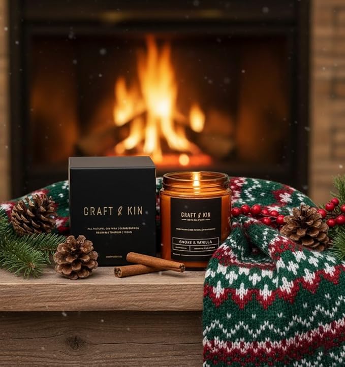 Craft & Kin Christmas Scented Candles for Men | Premium Smoke & Vanilla Holiday Candle for Home | All-Natural Scent | Long Lasting Winter Candles, 45-Hour Burn Time, 8oz
