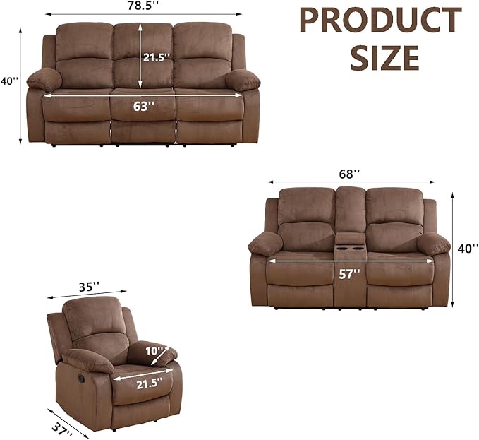 Manual Recliner Sofa Set,Microfiber Reclining Couch Set,Modern Living Room Furniture Set,Reclining Sofa Couch Chair for Living Room Home Office(Brown,Sofa+Loveseat)