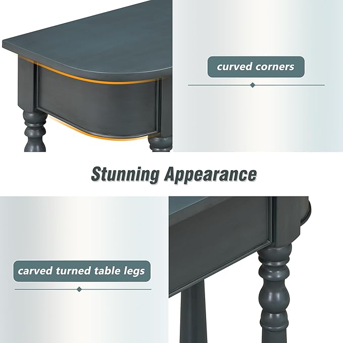 HMFULE Retro Curved Console Table, 36" Solid Wood Half Moon Console Table Sofa Table Entryway Table with 1 Drawer 1 Open Shelf Roman Legs Curved Corners for Living Room,Entryway,Hallway,Navy