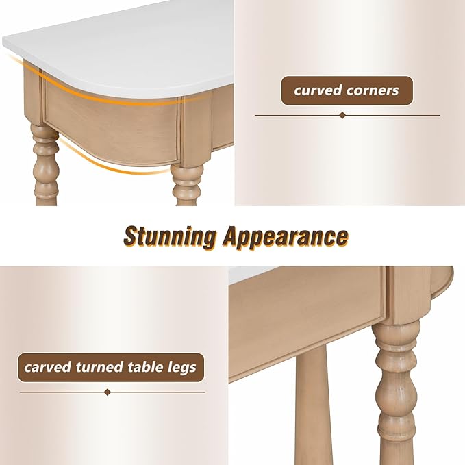 HMFULE Retro Curved Console Table, 36" Solid Wood Half Moon Console Table Sofa Table Entryway Table with 1 Drawer 1 Open Shelf Roman Legs Curved Corners for Living Room,Entryway,Hallway,White+Beige