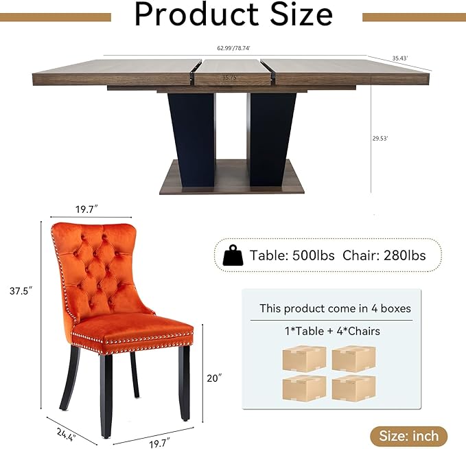 Goujxcy 5-Piece Extendable Dining Table Set for 4-8 People 63-78 Inch Kitchen Table Set with 4 Velvet Upholstered Chairs Farmhouse Rectangular Dining Room Table Set for Kitchen Dining Room Apartment