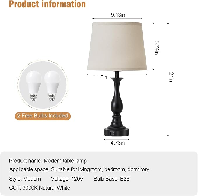 Bedside Table Lamp Touch Control Bedroom Lamps with USB A and C Charging Port 3 Way Dimmable Touch Lamps for Nightstand Living Room Bedroom Dorm Home Office Reading, Set of 2