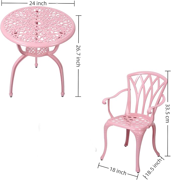 3-Piece Cast Aluminum Patio Bistro Set, Outdoor Rust-Resistant Furniture with 2 Chairs and Table (Pink)