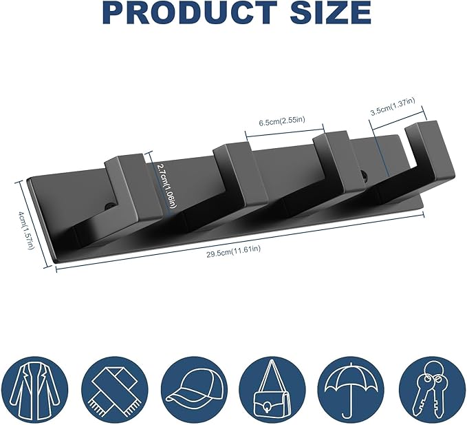 PMMASTO Coat Rack Wall Mount, Coat Hooks Wall Hooks for Hanging, Stainless Steel Coat Hanger Towel Hooks for Bathrooms, Coat Rack Hat Rack (Black 4 Hooks, 2 Pack)