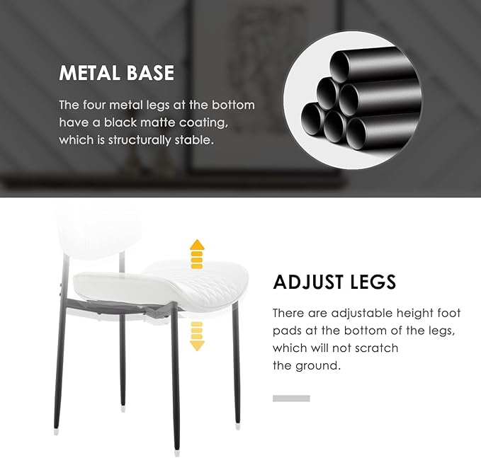 Modern Dining Chairs Set of 2, Leather Dining Chair with Metal Legs, Upholstered Dining Room Chairs for Dining Room, Kitchen, Vanity (White)