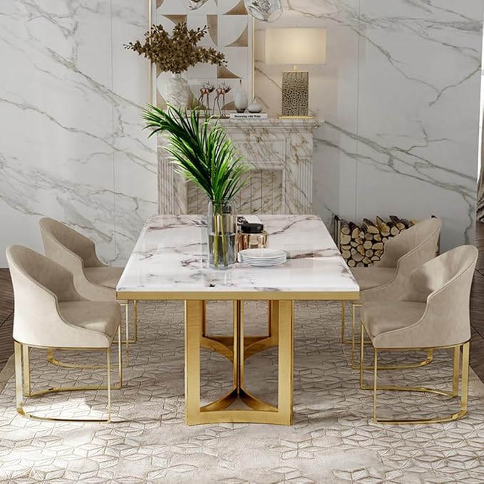 POVISON Marble Dining Table for 6, Modern Dining Room Table 71" for Kitchen & Dining Room, Luxury White Marble Table Top with Gold Trestle Pedestal(Dining Table Only)