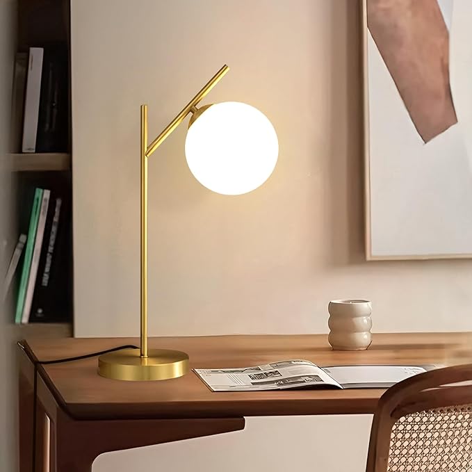 Mid Century Modern Table Lamp, 1 Light Brass Glass Globe Bedside Lamp, Contemporary Metal Table Lamp with Milky White Glass shadefor Bedroom Living Room Study Room