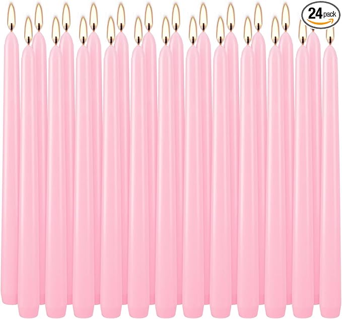 24 Pack Pink Taper Candles, 7-8 Hours Burn Time, Unscented, Smokeless and Dripless, 0.75 x 10 Inch Dinner Candle Set for Valentine's Day,Household, Wedding, Party and Home Décor Candlesticks