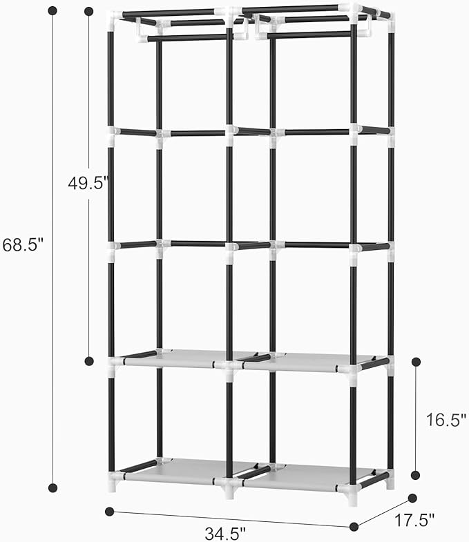 VTRIN Portable Closet Wardrobe Closet for Hanging Clothes with 4 Storage Shelves, 2 Hanging Rods and 6 Pockets, Stable and Easy Assembly Clothes Rack with Cover Free Standing Closet for Bedroom, Black