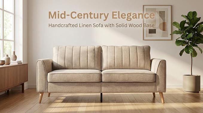 Artechworks Handmade Sofa Couch, 3-Seater 76" Wide W/Fresh Sand Gray Style Linen, Modern Mid-Century Fusion Stylish Couch French Piping Design Sofa for Living Room Apartment Lounge, Reception,Sand