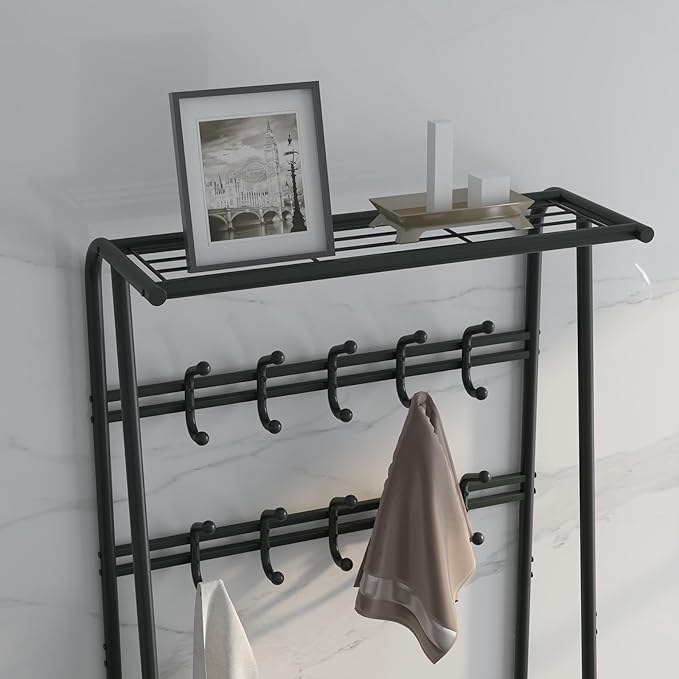 MDF Hall Tree with Bench, 4-in-1 Entryway Coat Rack with Storage Shelf & Shoe Organizer, Sturdy Freestanding Furniture for Living Room, Bedroom, Mudroom