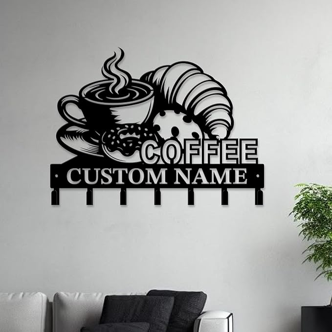 Coffee Bar Keys Holder - Metal Iron Wall Hooks with Custom Name | Personalized Home Decor & Gift Idea | Coffee-Themed Text Engraving Design (Style G)
