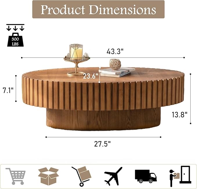 Fluted Coffee Table 43.3" Oval Wooden Coffee Tables Modern Handcraft Drum Coffee Table with Solid Wood Relief Sturdy Pedestal Accent Table for Living Room Home Office,Wood Color