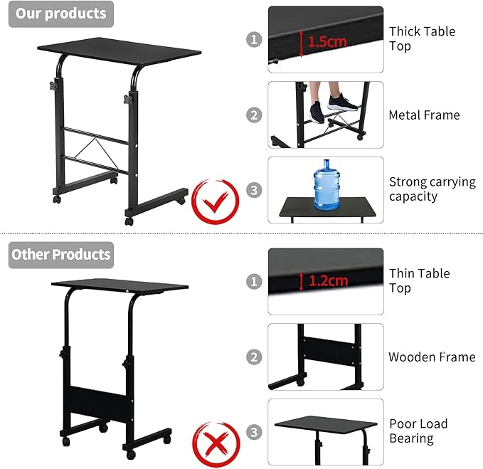 Karl home Side Table Mobile Standing Computer Desk Adjustable Height Portable Laptop Table, TV Tray Computer Workstation Sofa Bed for Home Office,Desktop 31.50" L x 18.11" W, Black