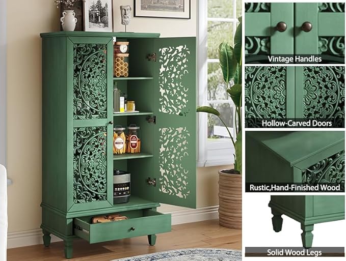 Rustic 55'' Tall Storage Cabinet with 2 Hollow-Carved Doors a Drawer, Wood Accent Cabinet with Solid Wood Legs for Living Room, Hallway, Dining Room (Antique Green-T)
