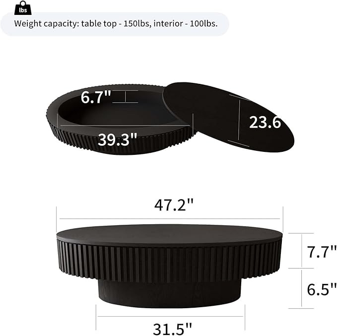47.2" Oval Coffee Table with Storage, Fluted Coffee Table with Solid Wood Veneered, Mid Century Modern Wooden Center Table, Accent Tea Table for Living Room Apartment, Black