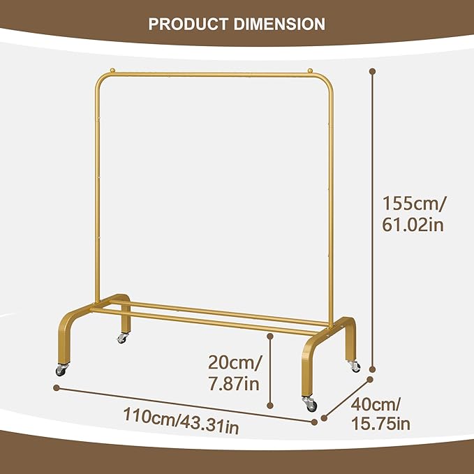 JIUYOTREE Metal Clothing Rack with Wheels 43.3 Inches Rolling Clothes Garment Coat Rack with Bottom Shelf Clothing Rack for Hanging Clothes Coats Skirts Shirts Sweaters Gold