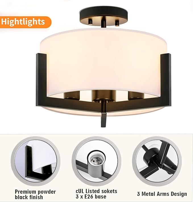 14 inch Black Semi Flush Mount Ceiling Light, 3-Light Modern Lighting Fixtures Ceiling Mount with White Drum Fabric Shade for Bedroom Entryway Hallway