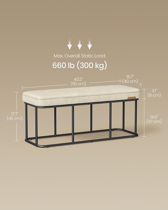 VASAGLE EKHO Collection - Storage Bench for Entryway, Ottoman Bench with Steel Frame, 43.3-Inch Wide, Synthetic Leather, Living Dining Room, Mid-Century Modern, Loads 660 lb, Cream White ULOM085W02