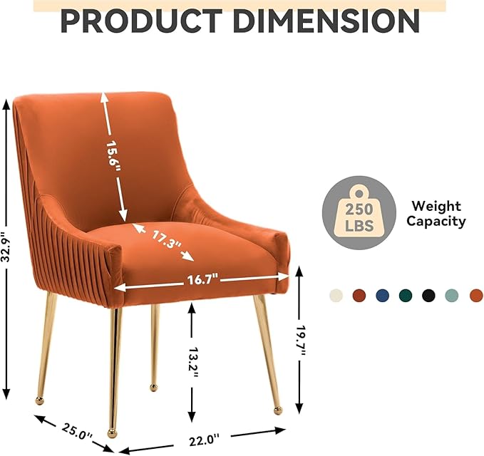 Dining Chairs, Accent Chairs Set of 4, Modern Upholstered Kitchen Dining Room Chairs with Gold Legs, Fabric Tufted Velvet Living Room Chairs for Reception Room Bedroom Guest Room (Orange)