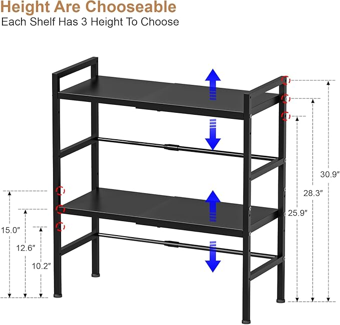 Expandable Metal Storage Shelves, 300 LBS Heavy Duty Metal Shelving Unit Rack For Pots And Pans Appliances Heavy Items, Adjustable 2 Tier Storage Shelf Rack Organizer For Kitchen Pantry Garage Laundry