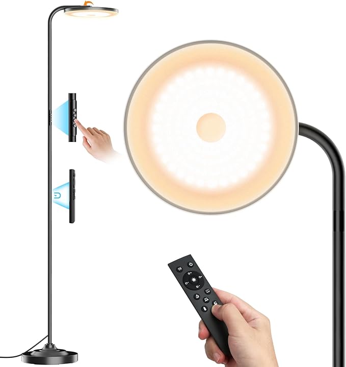 36W LED Floor Lamp, Super Bright Standing Lamp, Modern Stepless Dimmable Torchiere Tall Lamp with Remote Control, 350°Rotating Head Reading Floor Lamp for Living Room, Bedroom, Office