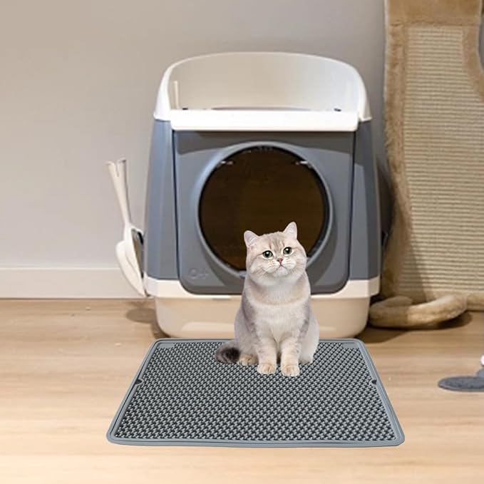Cat Litter Mat Double Layer, Kitty Litter Box Mat Small Waterproof Urine Proof Trapping, Easy Clean, Silicone Cat Supplies & Accessories for Indoor Pets (Grey, 19.68x14.96x0.39 in)