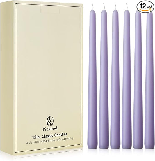 New Burning Formula Unscented Dripless 12-Inch Taper Candles Set of 12 - Lavender, for Wedding, Dinner - Smokeless, Long Burning - Hand Poured, Colored Tall Candlesticks - Lavanda