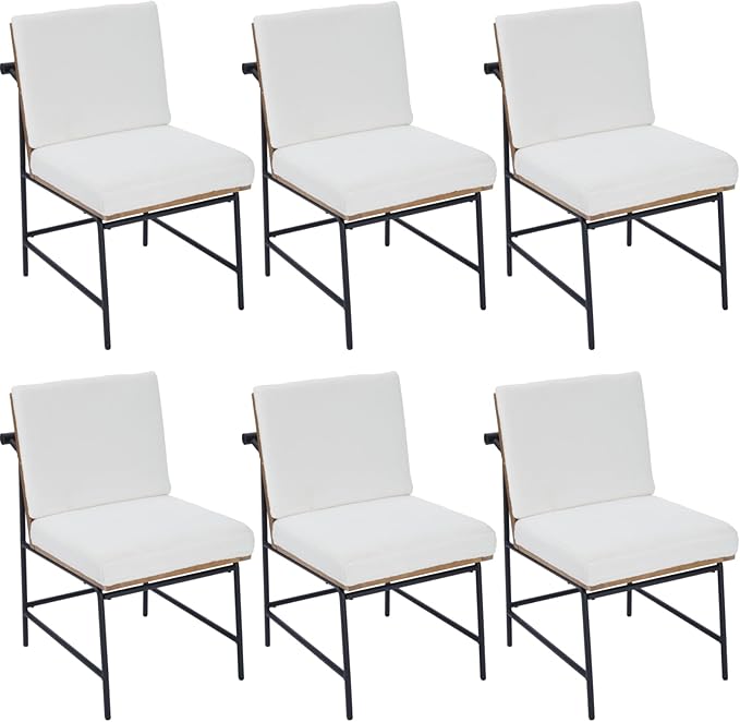 Modern Dining Chairs Set of 6, Comfy Sherpa Fabric Armless Upholstered Side Chairs with Wooden Backrest Black Metal Legs for Dining Room Living Room, White