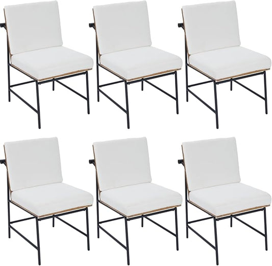 Modern Dining Chairs Set of 6, Comfy Sherpa Fabric Armless Upholstered Side Chairs with Wooden Backrest Black Metal Legs for Dining Room Living Room, White
