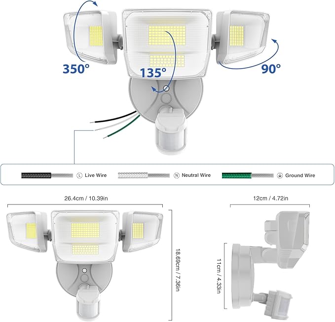 Onforu 90W 10000LM LED Motion Sensor Outdoor Lights, 4-Head Dusk to Dawn Outdoor Lighting, Hardwired Flood Lights, IP66 Waterproof 6500K Security Floodlight for Outside (White)