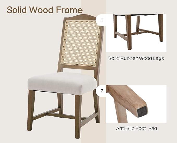 EALSON Rattan Dining Chairs Set of 2 Linen Upholstered Dining Room Chairs with Cane Back Mid Century Modern Kitchen Chairs Natural Wood Frame Side Chair for Dining Room, Beige