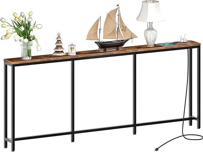 78.7" Console Table with Charging Station, Narrow Long Behind Couch Table, with 2 AC Outlets, 1 USB-A Port and 1 Type-C Port Rustic Brown and Black TXG30UBF