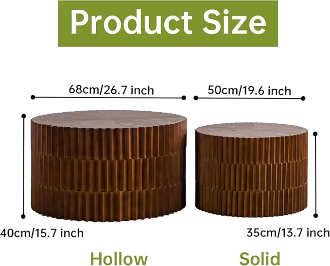 Round Nesting Coffee Table Set of 2, Round Fluted Coffee Tables for Living Room Modern Nesting End Side Tables for Small Spaces (B Brown)