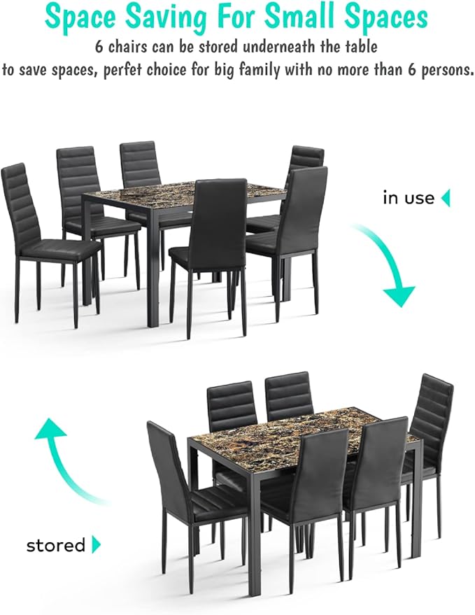 Gizoon Glass Dining Table Sets for 6, 7 Piece Kitchen Table and Chairs Set for 6 Person, PU Leather Modern Dining Room Sets for Home, Kitchen, Living Room