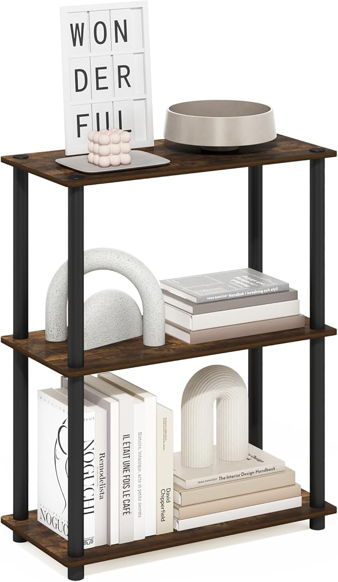 Furinno Turn-N-Tube Storage Shelves, 3-Tier Book Shelf, Corner Shelf, Toolless Open Shelves, for Organization and Storage, Living Room, Garage, Home Office, Amber Pine