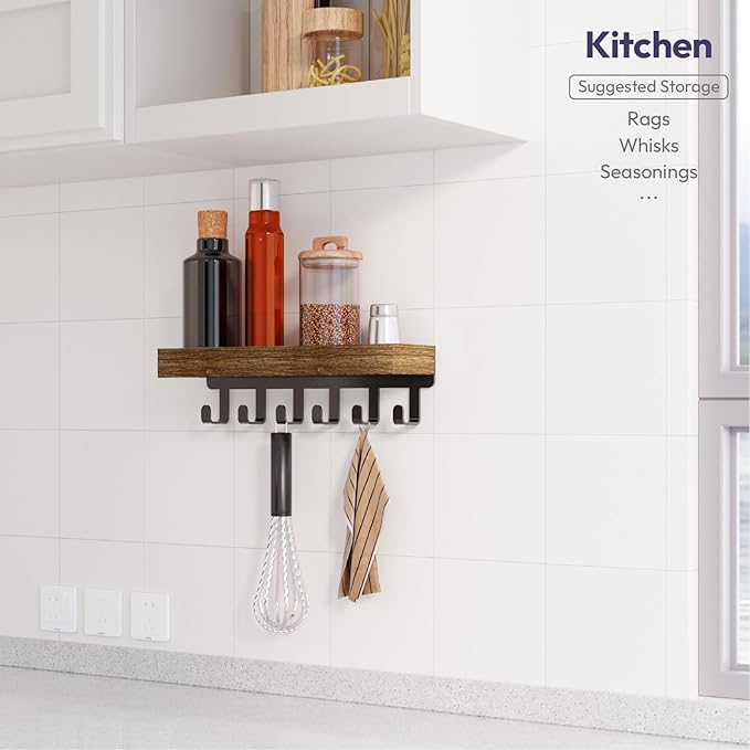 SWTYMIKI Key Holder Wall Mount - Wooden Key Hooks for Wall with Mail Organizer & 6 Hooks, 2 Installation Ways Key Hanger, Key Rack with Shelf for Entryway Living Room Bedroom Office Home Decor Brown