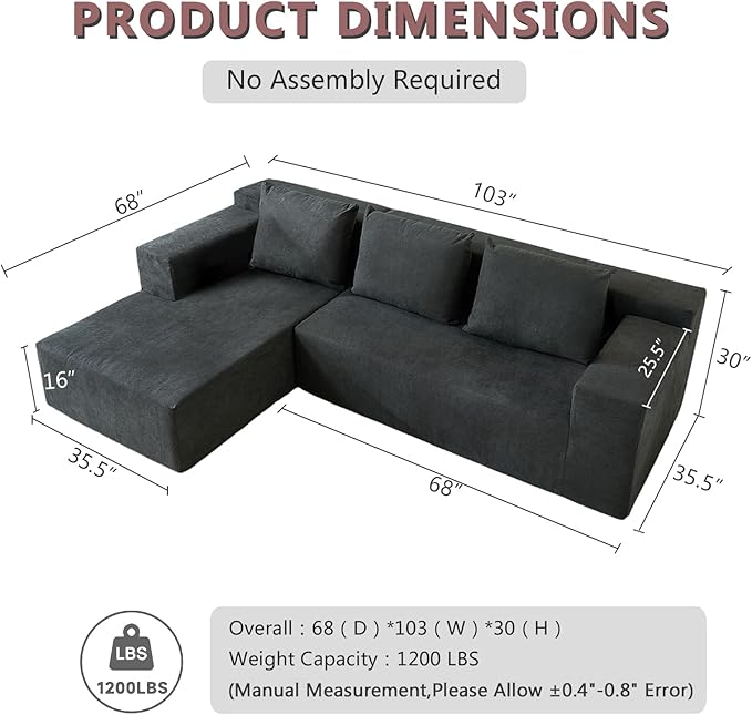 ANONER 103” Modular Sectional Sofa - L Shaped Upholstered Cloud Couch, Free Combination Deep Seat Corner Sofa, Sectional Couches for Living Room, Modern Minimalist Couch, Dark Grey