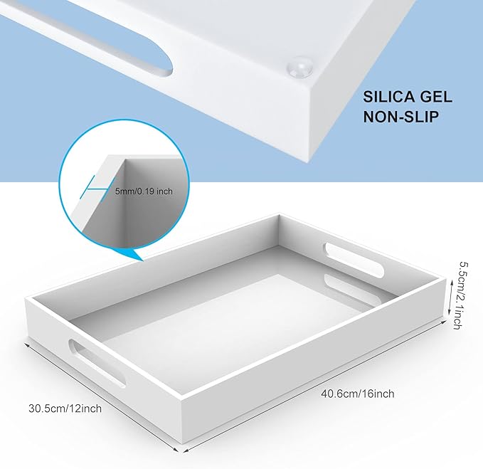 Acrylic Serving Trays with Handles, 16"x 12" Rectangle Sturdy Breakfast Tray, White Decorative Trays Organiser for Bedroom, Kitchen, Living Room, Bathroom, Hospital and Outdoors