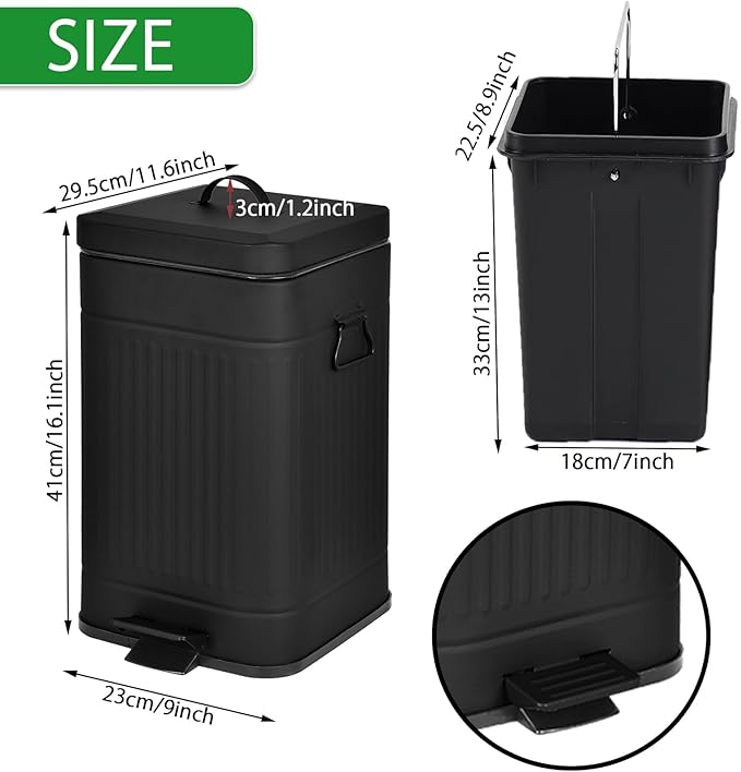 Dog Poop Trash Can with Lid for Outdoors，3.2 Gallon Trash Can with Activated Carbon Filter & Plastic Bags, Pet Waste Container，UP12L-BK-F+200BK